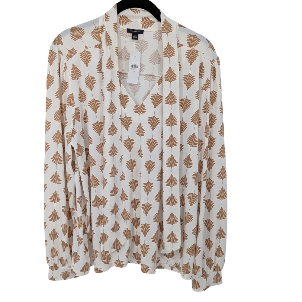 Ann Taylor Tie Neck Blouse Women Medium White Brown Palm Leaf Print Long Sleeve
